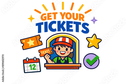 Cheerful cartoon ticket seller promoting event tickets with colorful symbols
