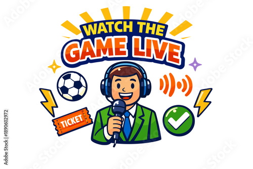 Young caucasian male commentator excited for live soccer broadcast with microphone