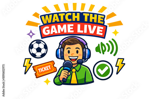 Cartoon sports commentary concept with male announcer and game elements