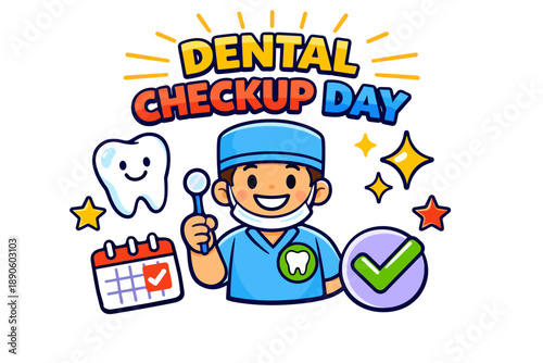 Dental checkup day illustration with smiling dentist and tooth icon
