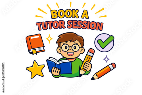 Cartoon boy with book and pencils promoting tutor sessions