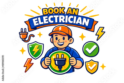 Cartoon electrician character with plug and symbols promoting electrical services