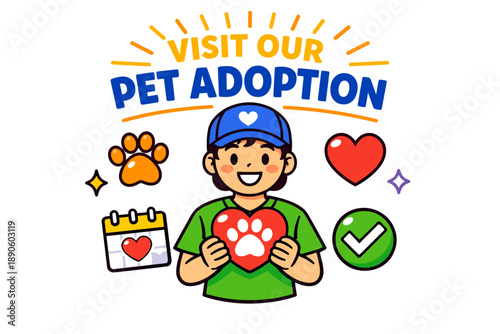 Cartoon promotion for pet adoption event with heart and paw icons