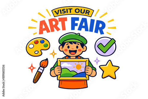 Colorful art fair invitation with happy cartoon artist holding landscape painting
