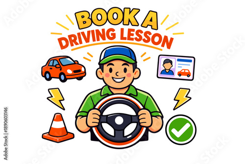 Book driving lesson cartoon: male instructor with steering wheel and car icons