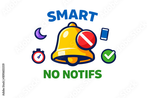 Smart no notifications icon with bell, stopwatch, phone, and checkmark