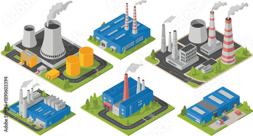 Isometric industrial factory and power plant illustration set, manufacturing buildings with cooling towers smokestacks, energy production infrastructure vector