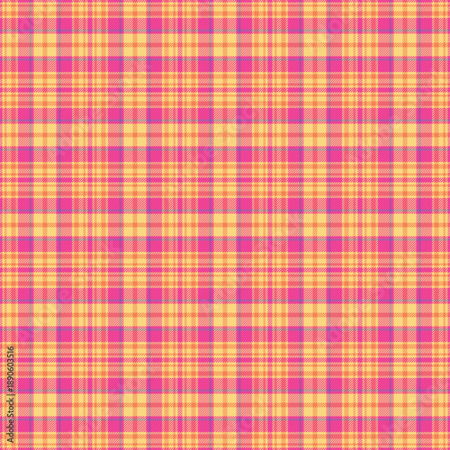 Grunge vector tartan background, daisy texture check textile. Indian pattern fabric seamless plaid in amber and pink colors.