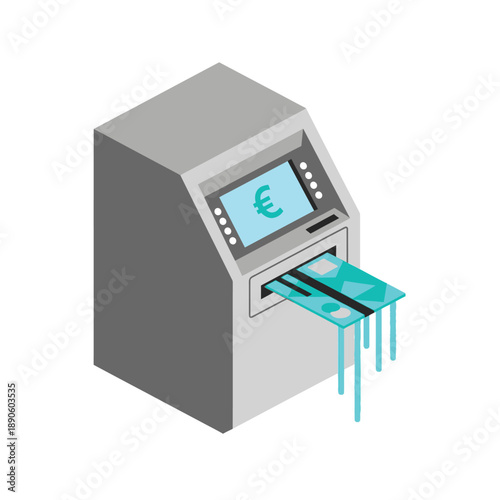 Isometric ATM and Credit Card Transaction Icon with Melting Effect | Euro Currency Symbol | Digital Finance and Spending Concept Vector