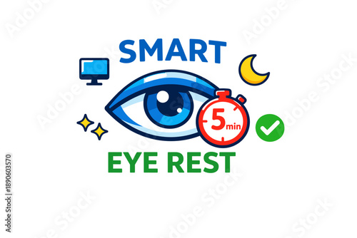 Smart eye rest logo with eye, timer, and relaxation symbols