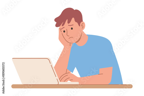 A frustrated cartoon man sitting at a desk with a laptop looking stressed and overwhelmed