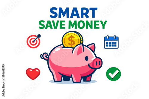 Smart money saving concept with piggy bank and financial icons