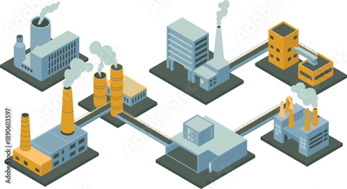 Isometric industrial factory network illustration, connected manufacturing buildings with smokestacks pipelines, power plants infrastructure, modern industry vector design