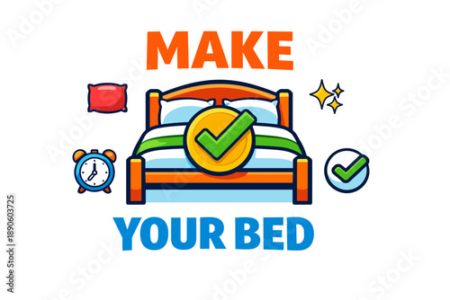 Make your bed graphic with clock and checkmark icons