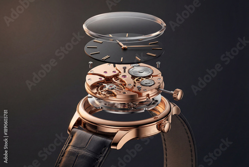 Exploded view of luxury watch components