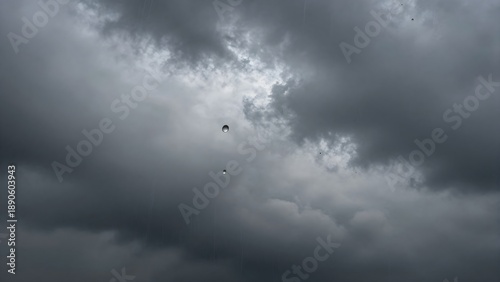 Dark cloudy sky with birds flying in the air before storm or rain