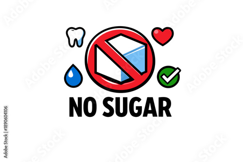 No sugar icon with health symbols: tooth, heart, water drop, checkmark