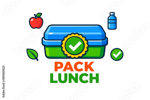 Colorful packed lunch icon with container, apple, bottle, and sealed freshness