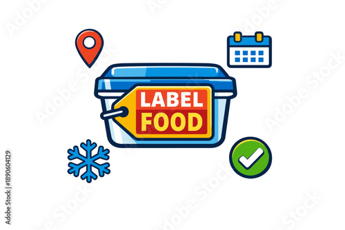 Food storage container with label and symbols indicating freshness and expiration date