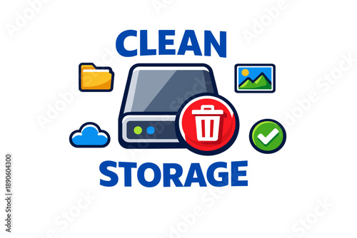 Clean storage icon with hard drive, cloud, and trash can symbols