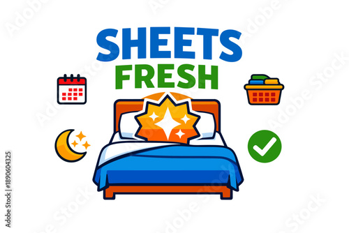 Clean fresh bed sheets with laundry icons and checkmark symbol on white background