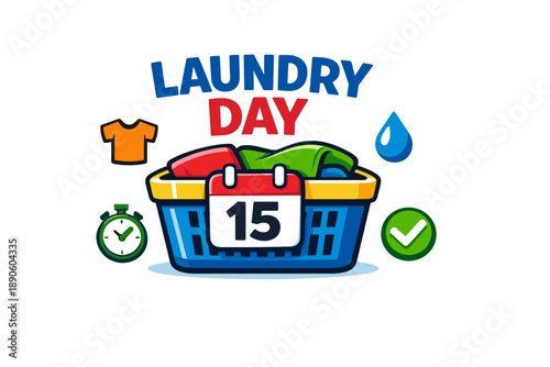 Colorful laundry day design with basket calendar and icons