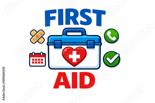 First aid kit with heart icon and medical symbols for emergency care