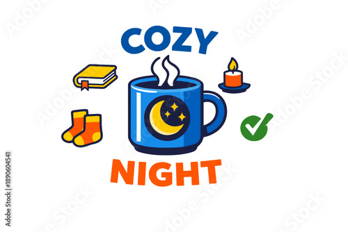 Cozy night design with mug, socks, book, candle, and checkmark icons