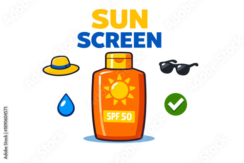 Bright spf 50 sunscreen with sun hat, sunglasses, and safety check icon design
