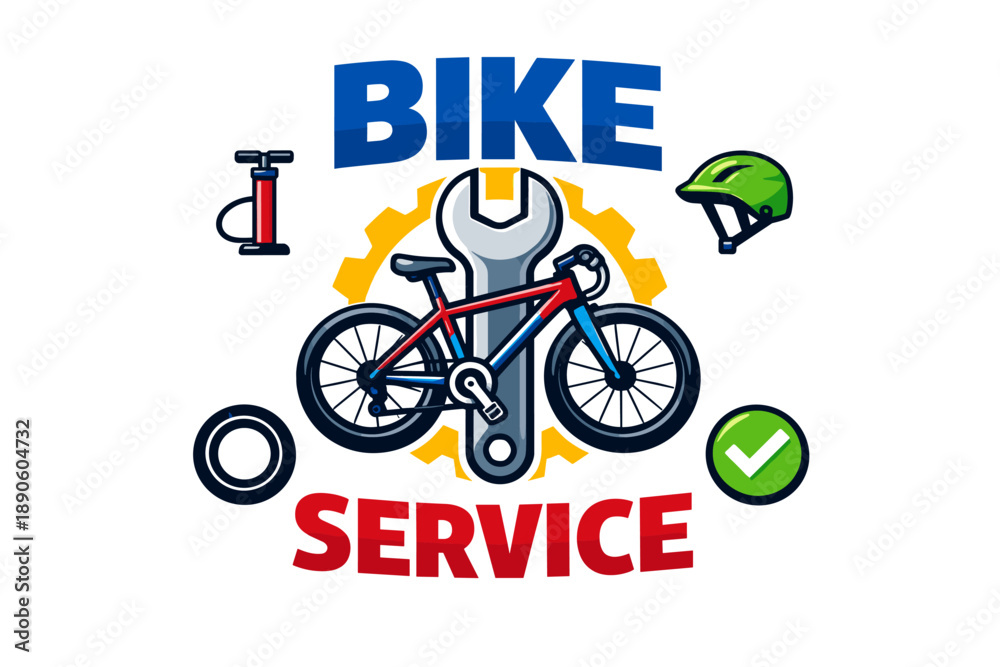 Fototapeta premium Bicycle repair logo with wrench and helmet