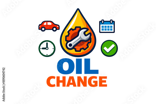 Oil change service icon with wrench, car, clock, calendar, and checkmark