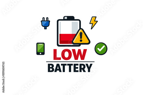 Low battery alert: battery icon with warning symbols and charging indicators