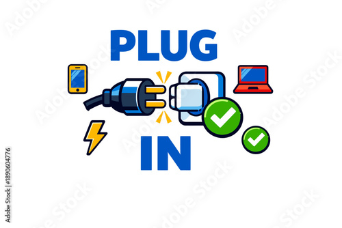 Plug in concept with electronic devices and power symbols