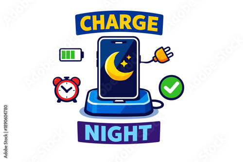 Smartphone charging overnight with moon icon and alarm clock