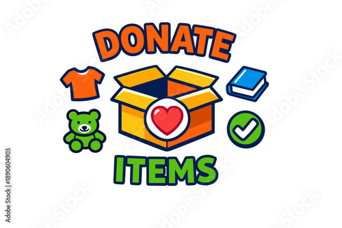 Donate items: charitable box with clothing, toys, books, heart, and checkmark