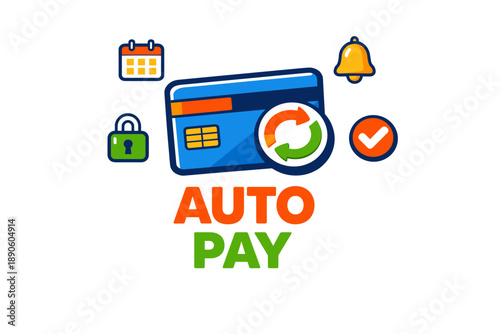 Autopay icon with credit card and payment symbols on white background