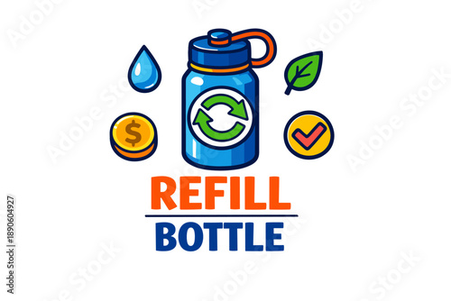 Eco-friendly refill bottle design with recycle icon and environmental symbols