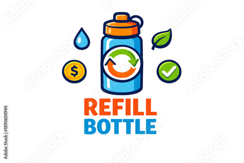 Eco-friendly refill bottle with recycling symbols and environmental icons