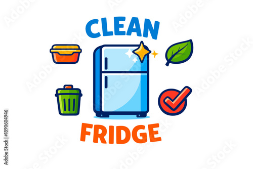 Clean fridge with food containers and eco-friendly symbols