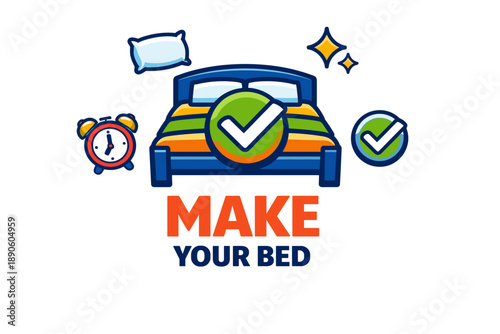 Motivational bed-making icon with checkmark and alarm clock