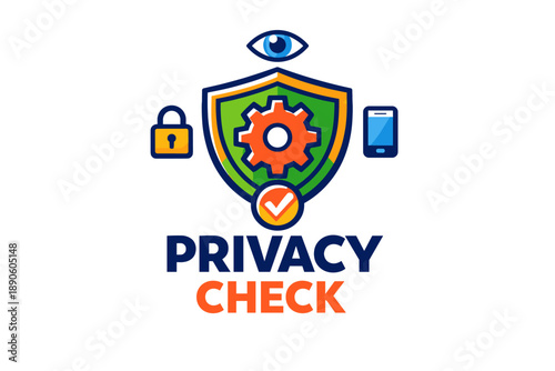 Privacy check logo featuring shield with gear, eye, lock, and mobile icons