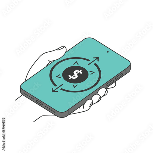 Mobile Financial Transaction Icon: Hand Holding Smartphone with Dollar Sign and Flow Arrows. Isometric Line Art Illustration of Digital Money Management.