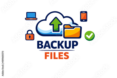 Cloud backup files with devices and security elements illustration