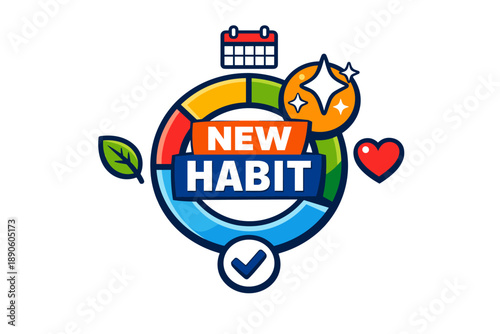 Colorful new habit tracker icon with calendar, heart, and leaf elements