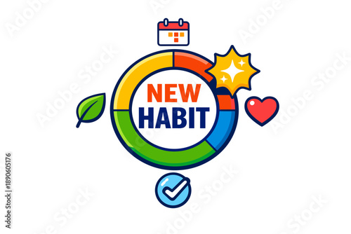 Colorful habit tracker design with calendar, heart, and checkmark icons