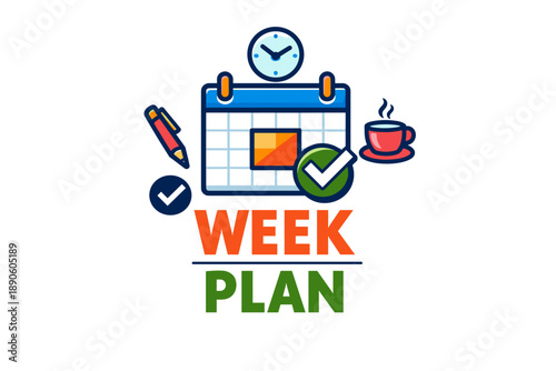 Weekly planner with calendar, clock, checklist, pen, coffee icon in flat design