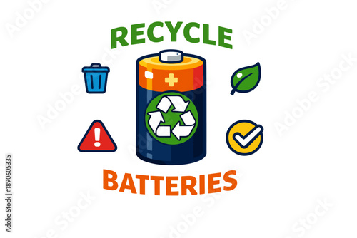 Recycle batteries: sustainability reminder featuring battery icons and eco symbols