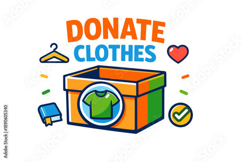 Colorful donate clothes box illustration with heart and book symbols