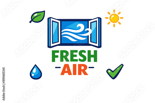 Fresh air symbol with open window, leaf, sun, water, and check mark illustrations