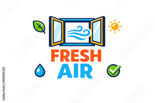 Fresh air concept with open window, sun, and nature elements